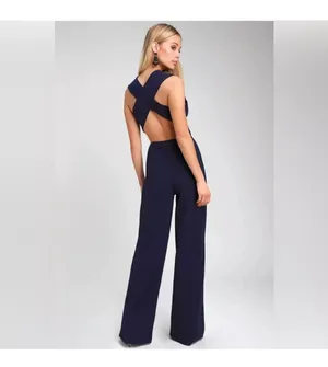 Sz S Thinking Out Loud Navy Blue Jumpsuit Criss Cross Cut Out Back thumbnail 5