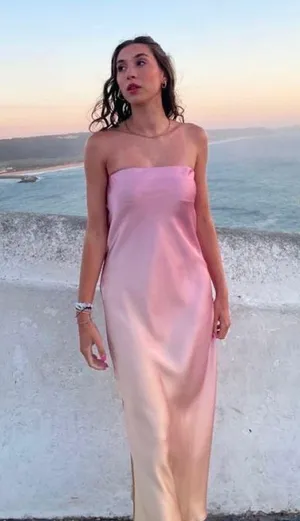 Zara midi dress maxi tie dye pink beige satin strapless wedding shower date thumbnail 10