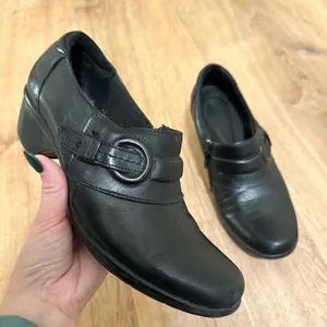 Clarks‎ | Women's Black Leather Side Zip Buckle Loafers Block Heel, Size 7M thumbnail 1