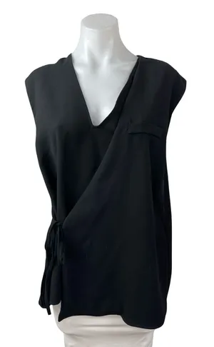Zara Women's Black Short Cap Sleeve V Neck Tie Wrap Pocket Blouse Top Size L thumbnail 1