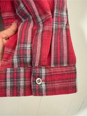POL Red Plaid Lace Up Tunic Shirt Size L Boho Grunge Flannel Oversized Top thumbnail 11