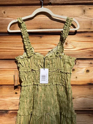 Few Moda o.p.t Freya Size M Green Striped Smocked Fit Flare Midi Cotton Dress thumbnail 10