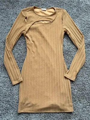 Le Lis Ribbed Long Sleeve Cutout Bodycon Dress - Tan thumbnail 1