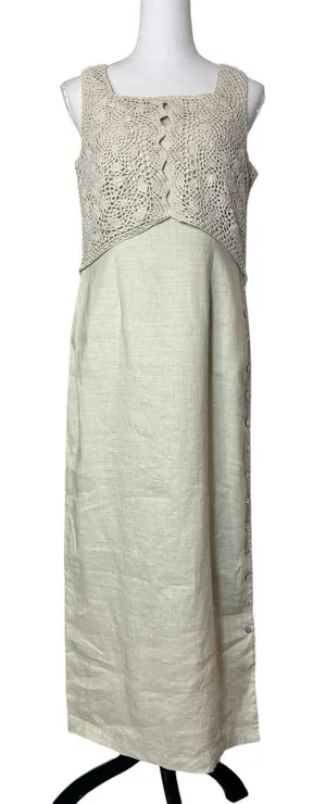 Vintage Y2K 100% Linen Maxi Dress Size 8 Crochet Button Up Fairy Coastal Boho thumbnail 1