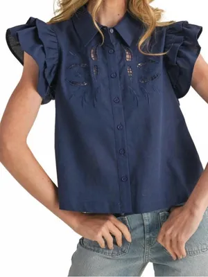 &Merci Navy Cutout Button-Front Ruffle Sleeve Shirt thumbnail 1
