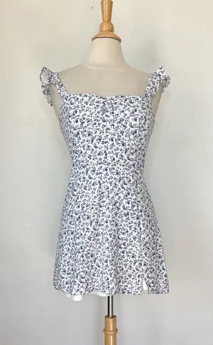 Blue & White Floral Summer Linen Blend. Mini Dress thumbnail 1