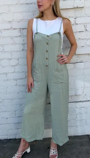 Gigio sage Green wide leg overalls w/ adjustable straps sz S #boho #retro #momcore #cottagecore thumbnail 1