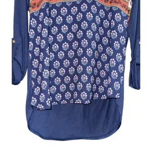 NWT Jolt Top Women's Size Large‎ Boho Hippie Paisley 3/4 Roll Tab Sleeves Blue thumbnail 3