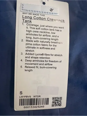 Lululemon Long Cotton Crewneck Tank Top Women’s Small Blue NWT LW1FBVS Pima Cott thumbnail 3