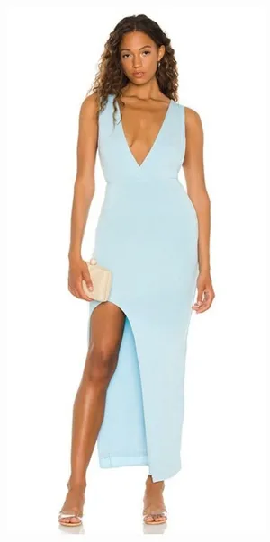 Superdown Erika Deep V Jersey Maxi in Baby Blue Medium thumbnail 1