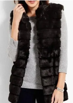 Talbots Black Faux Fur Ribbed Open Front Vest Women's size Small thumbnail 1