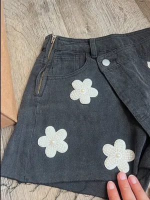 POL black denim skort features distinctive pearl-embellished flower details thumbnail 6