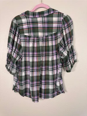 Pilcro Green Purple Plaid Henley Blouse Womens S Casual Fall Shirt Ruffled Boho thumbnail 2