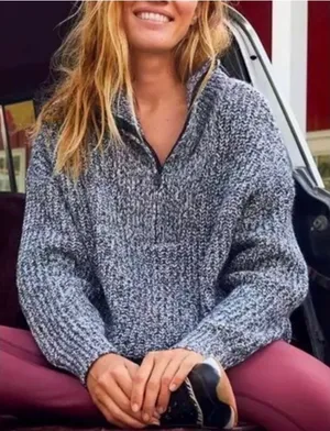OFFLINE By Aerie Chillside Fold over Quarter Zip Marled gray knit Sweater thumbnail 1