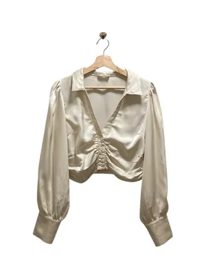 Altar’d State Satin Ruched Cropped Blouse Cream Size M Neutral Coquette Romantic thumbnail 2