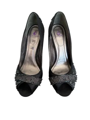 HOUSE OF DEREON Beyonce Black Satin Embroidered Beaded Heels Size 7.5 thumbnail 14