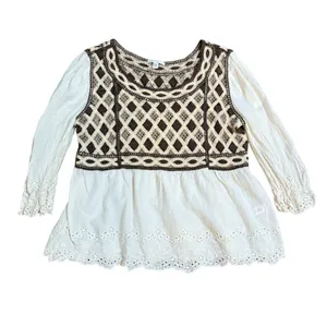 Crochet Lace Peplum Top Ivory Brown Eyelet‎ Sz XL thumbnail 5