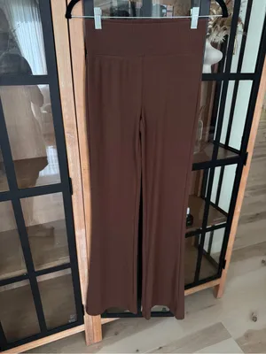 Stradivarius ASOS wide leg flare pants high rose waisted chocolate brown knit thumbnail 6