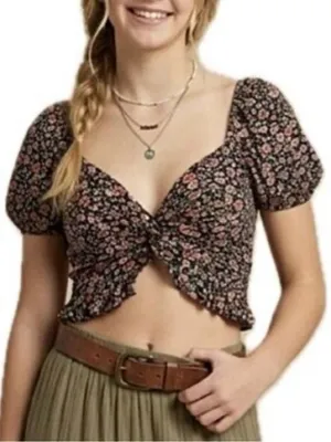 Altar'd State Black Floral Tie-Front Crop Top with Pink & Coral Flowers thumbnail 1