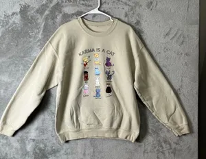 Karma Is A Cat Graphic‎ Crewneck Sweatshirt Eras Cats Beige Pullover Size Large thumbnail 1