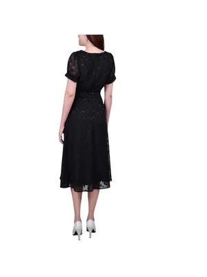 NWT Ny Collection Short Sleeve Belted Swiss Dot Dress Black Multi Circle PL thumbnail 2