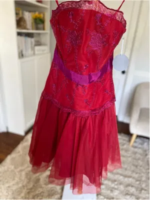 Pearl‎ Marchesa Mini Dress Red Strapless Embroidered Tulle Cocktail Glamour Luxe thumbnail 2