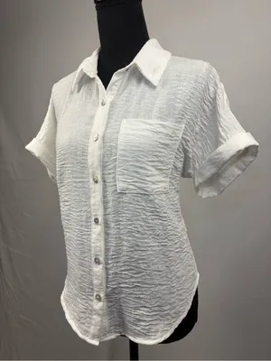 Monteau White Crinkled Short Sleeve Button-Down Shirt Medium thumbnail 4