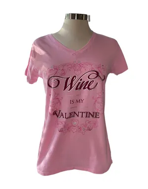 “Wine is my Valentine” T-shirt short sleeve V-neckline hearts/glasses Sz medium thumbnail 1