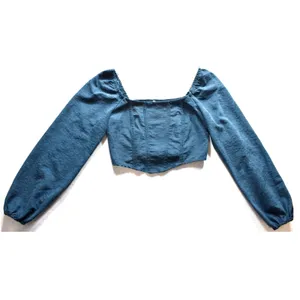 Kirious Los Angeles Teal Corset Crop Top Long Puff Sleeve Smocked Back Small thumbnail 4