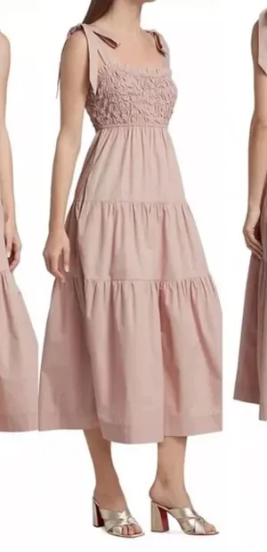 En Saison Smocked Tiered Midi Dress Tie Strap Casual Pink Size S‎ thumbnail 1