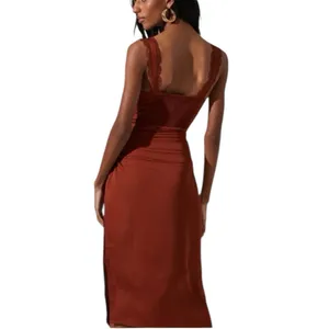 ASTR the Label - Alva Ruched Lace Trim Midi Slip Dress Rust Satin Sz XS thumbnail 2
