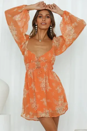 Hidden Kisses dress orange floral print long sleeve babydoll XS 2 thumbnail 3