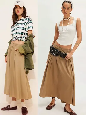 Free People All Around Midi Maxi Full Skirt Olive Tan Khaki Size Large Neutral thumbnail 2