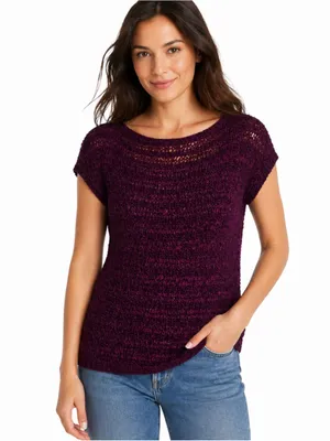 White House‎ Black Market Plum Purple Open Knit Sweater Top Cap Sleeve Medium thumbnail 2
