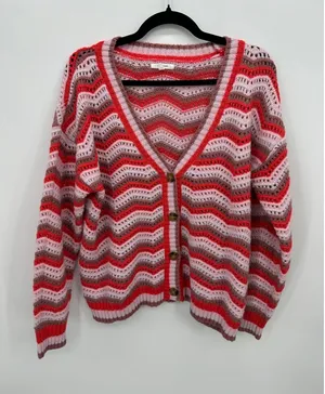 Maurices‎ Pink Chevron Knit Button Down Cardigan Sz L Boho Retro Cozy Chunky thumbnail 1