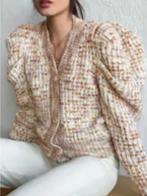 Jacquie The Label V Neck Puff Sleeve Fiora Cardigan Knit Sweater Small Tan Fawn thumbnail 3