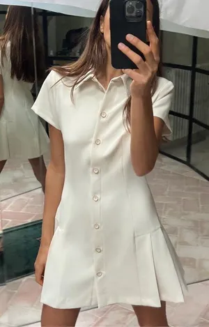 Zara mini dress pleated skirt collar button up ivory casual classic old money thumbnail 16