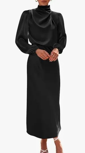 NEW Black Mock Neck Satin Maxi Dress Elegant Long Sleeve M thumbnail 1