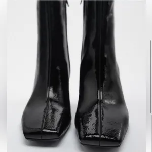 Black Patent Glossy Shine Leather Ankle Boots Block Heel Square Toe thumbnail 4