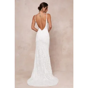 NWOT Lulus Everlasting Passion White Sequin Beaded Backless Maxi Dress Bride M thumbnail 3