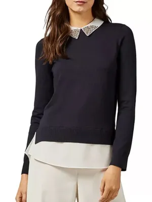 Ted Baker Liaylo Sparkle Rhinestone Collar Layered Sweater in Dark Navy Sz 2 thumbnail 1