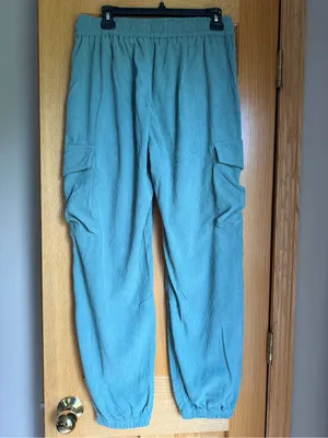 Corduroy Cargo Jogger Pants Teal Blue Elastic Drawstring Lounge Trousers Large thumbnail 3