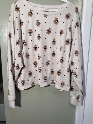 American Eagle Women’s Size Large Lounge Sweatshirt Beige Teddy Bear Print Heart thumbnail 5
