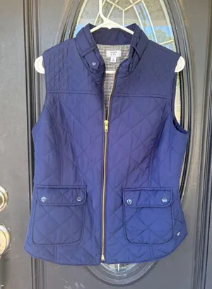 Crown & Ivy Navy Blue Quilted Puffer‎ Vest Gingham Lining Gold Zip Womens Large thumbnail 1