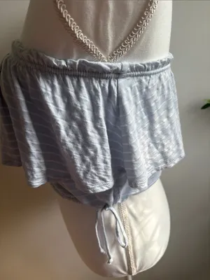 Abercrombie & Fitch Light Blue and White Striped Off-Shoulder Ruffle Crop Top thumbnail 3