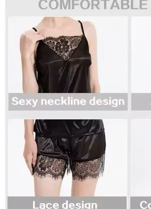 Ice Silk Lace edge 2pc set: shorts + sleeveless top Home wear Pajama Lingerie thumbnail 4