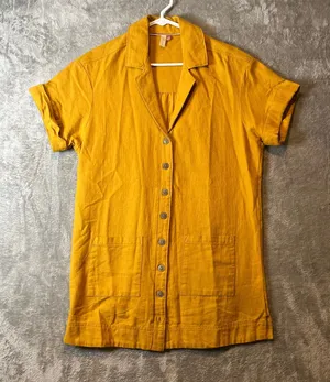 Pilcro‎ Buttondown Shirt Dress Linen Blend Patch Pockets Yellow Utility thumbnail 1