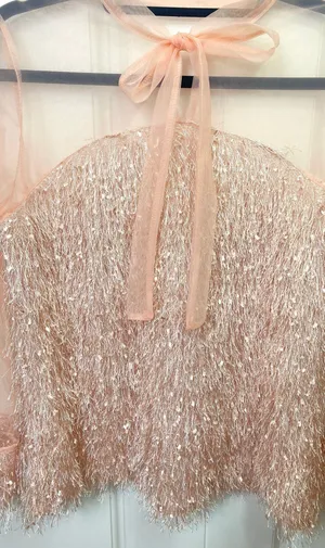 Blush Pink Contrast Mesh Tie Neck Shaggy Fringe Blouse thumbnail 7