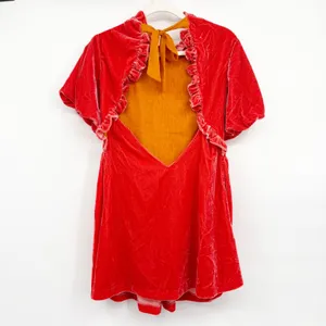 Free People Womens Gumdrop Red Orange Velvet Smocked Open Back Boho Mini Dress S thumbnail 12