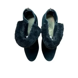 UGG Antonia Black Suede Fur Cuffed Wedge Boot Bootie 9 Quiet Luxury Casual Chic‎ thumbnail 11